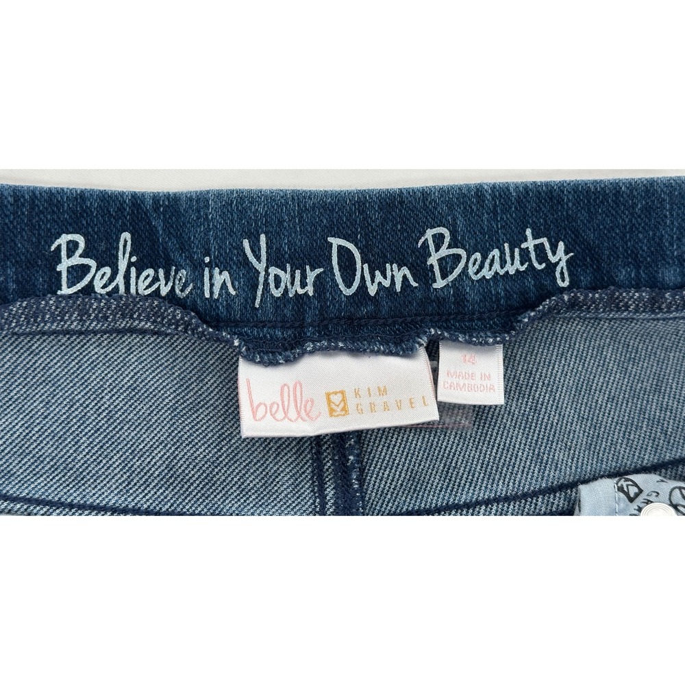 Belle by Kim Gravel Capri Jeans Women 14 Blue Lace Trim Stretch Pull On Denim - Picture 5 of 8
